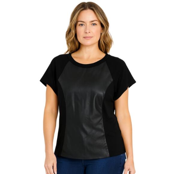 Lane Bryant Mixed Media Vegan Leather Panel Blouse Black EUC Size 14/16 - Picture 1 of 4